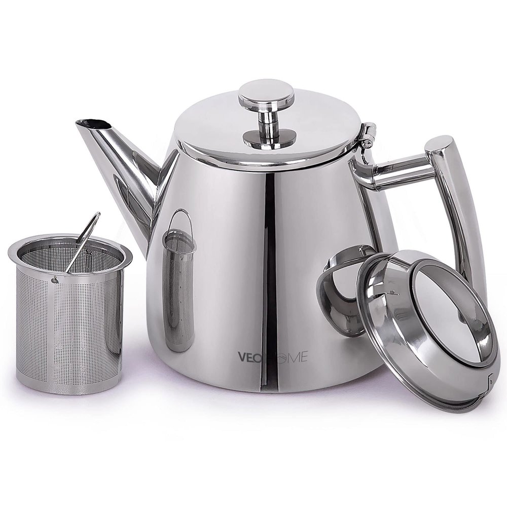 VeoHome Stainless Steel Tea Pot with Infuser - Keeps Heat Thanks to its Double Wall, Silver (0.5 Liter (17 oz))