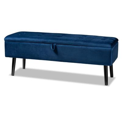 Baxton Studio Caine Modern and Contemporary Navy Blue Velvet Fabric Upholstered and Dark Brown Finished Wood Storage Bench
