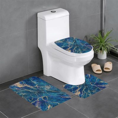 3 Piece Bath Mat Set Abstract Gold Glitter Veins Blue Marble Bathroom Rug Non Slip Shower Rugs Extra Soft and Water Absorbent Floor Mats Toilet Contour Mat Lid Cover