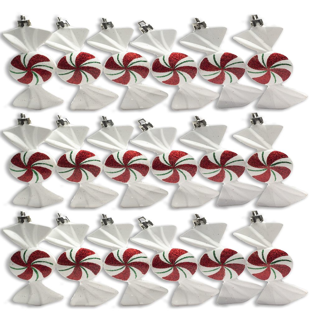 18 Piece Christmas Hanging White Candy Ornament with Iridescent Glitter Swirl Design