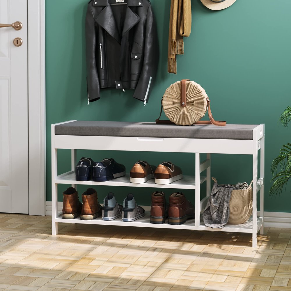 HIFIT Bamboo Shoe Bench Rack with Storage, 2-Tier Entryway Storage Bench with Padded Seat, 36 in Shoe Oiganizer Shelf for Entryway Mudroom Bathroom Hallway, White