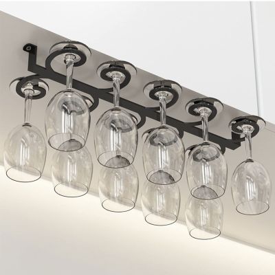 10 Slots 10 Cups Wine Glass Racks Shelf Metal Gold Under Cabinet Hanging Wine Champagne Glass Goblets Stemware Rack Holder, 50x18cm (Color : Black)