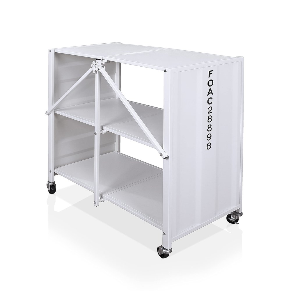 HOMES: Inside + Out Rolling Ridge Industrial 2 Shelves Metal Mobile Foldable 30 in. Bookcase with Wheels for Living Room, Bedroom, Home Office, White