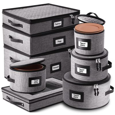 STORAGEBUD China Storage Containers Hard Shell, 8 Piece Flatware & Utensil with Mug Storage, Wine Glass 4 Dish Platter Case, Padded Dinnerware Containers, (sb-hds-09)