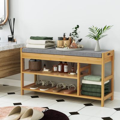 HIFIT Bamboo Shoe Bench Rack with Storage, 2-Tier Entryway Storage Bench with Padded Seat, 36 in Shoe Oiganizer Shelf for Entryway Mudroom Bathroom Hallway, Natural