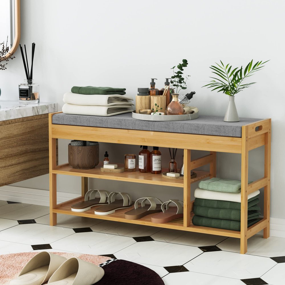 HIFIT Bamboo Shoe Bench Rack with Storage, 2-Tier Entryway Storage Bench with Padded Seat, 36 in Shoe Oiganizer Shelf for Entryway Mudroom Bathroom Hallway, Natural