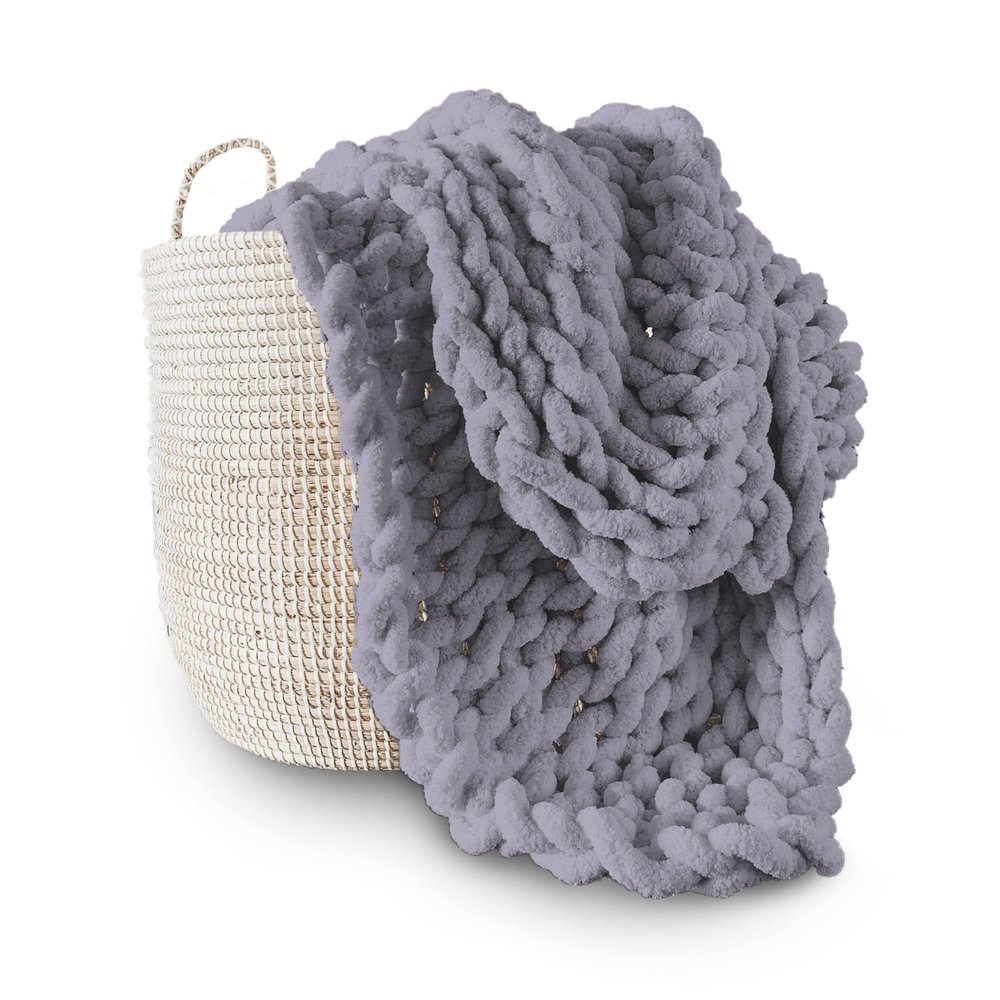 Adyrescia Chunky Knit Blanket Throw | 100% Hand Knit with Jumbo Chenille Yarn (60"x80", Lilac Gray)