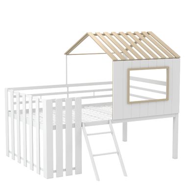 HOMES: Inside + Out Kingsville Modern Wood Twin-Size Loft Bed for Bedroom, Kid Room, White and Yellow