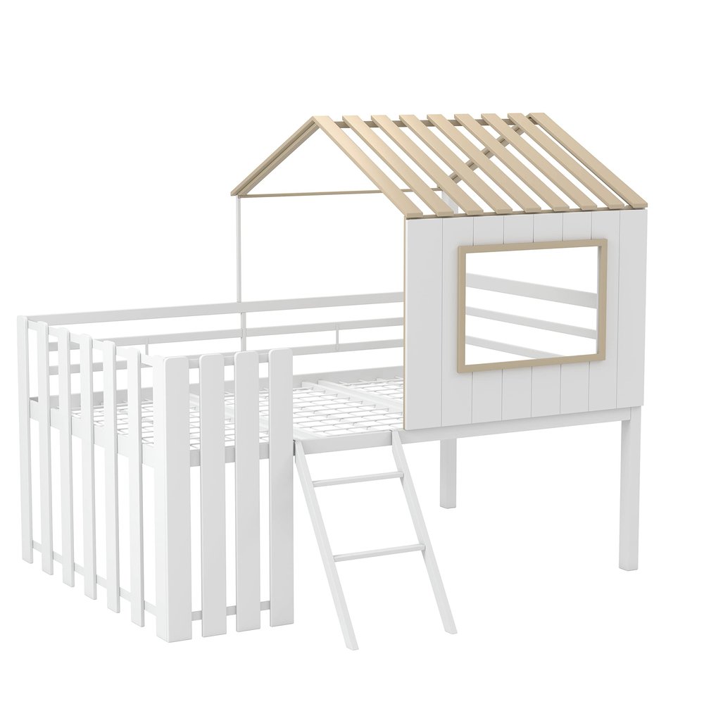 HOMES: Inside + Out Kingsville Modern Wood Twin-Size Loft Bed for Bedroom, Kid Room, White and Yellow