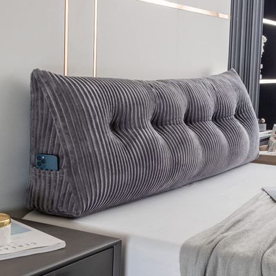 Activance Large Triangular Headboard Wedge Bed Rest Reading Pillow Backrest Positioning Support Bolster Cushion with Removable Cover (Grey, Queen: 59x8x20 Inches)