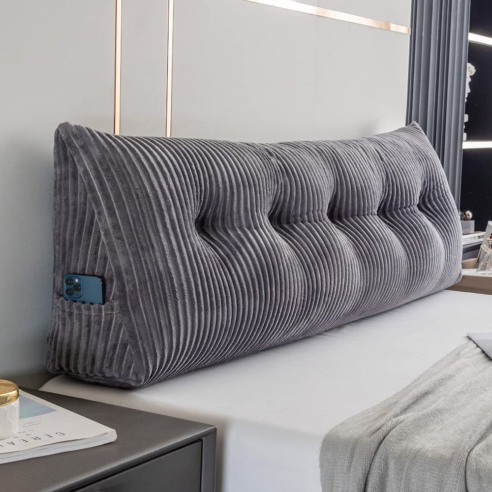 Activance Large Triangular Headboard Wedge Bed Rest Reading Pillow Backrest Positioning Support Bolster Cushion with Removable Cover (Grey, Queen: 59x8x20 Inches)