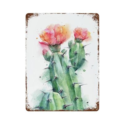 DAIERCY Metal tin SignRetro Style Novelty PosterIron PaintingWatercolor Cactus Tin SignGreen Plant Wall Decor Wall Decoration PlaquesSize 5.5x8 Inches