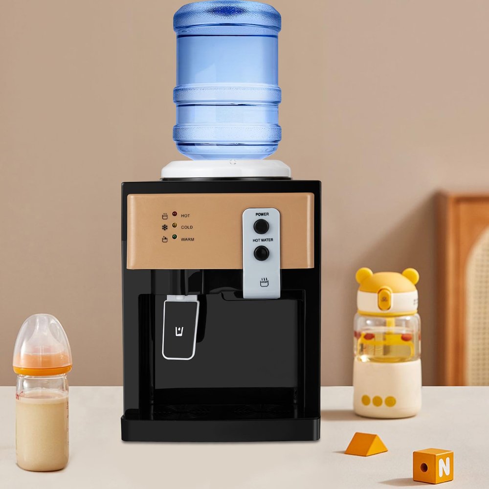 FAIRYPAGODA Table Top Water Cooler Dispenser - Commercial Desktop Hot & Cold Water Dispenser with 500W Fast Heating/75W Cooling, 110V Plug & Play for 1.19-5Gal Bottles, Champagne Gold+Black
