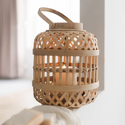 BOOMLATU 10.8" Tall Vintage Decorative Lantern with Handle,Laterns Decoration Home Decor Tulum Bamboo Woven Lantern Latern (Round)