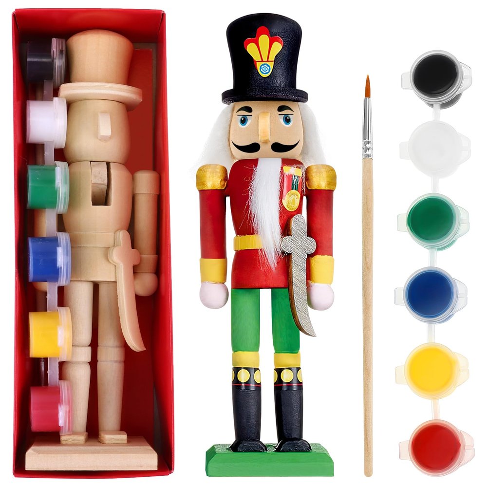 FOMIYES Christmas Nutcracker Figure,1 Set 7Inch Unfinished DIY Wooden Nutcracker Soldier Ornaments Craft with Paint Brush Color and Wig for Christmas Decoration Kids Birthday Present