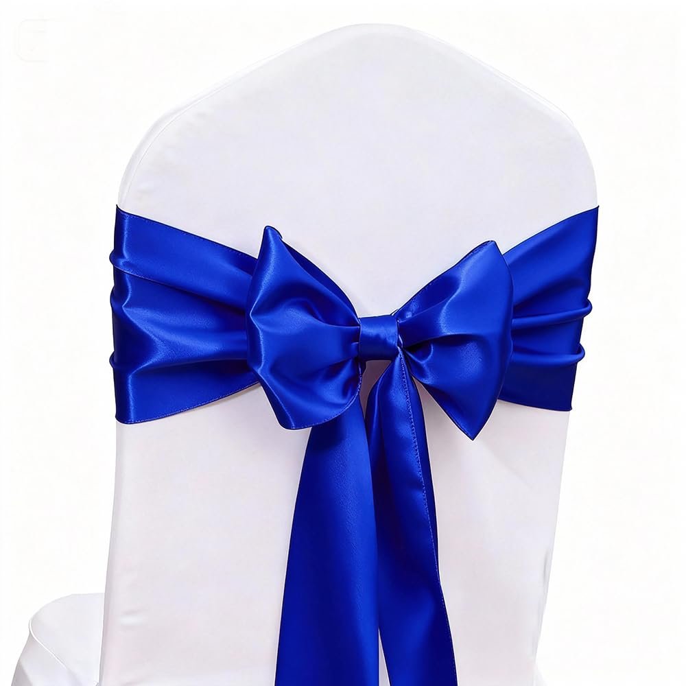 Royal Blue Satin Chair Sashes 50 Pack, Satin Ribbons for Chairs Covers Wedding Party Gender Reveal Birthday Decor, Blue Chairs Bows Ties for Engagement Decorations