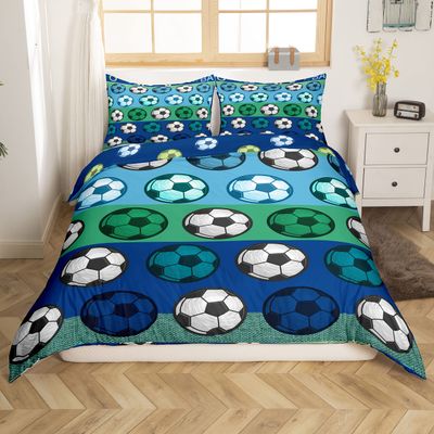 3D Football Bedding Set Twin Size for Kids Boys Bedroom,Sports Games Bed Duvet Cover Set,Blue Green Stripes Comforter Cover Reversible Modern Soccer Design Decor 2 Pcs 1 Duvet Cover with 1 Pillowcase