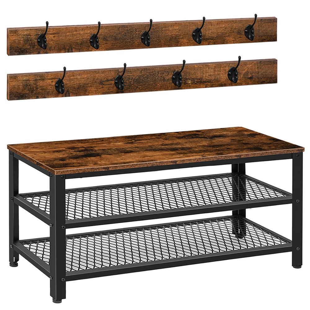 HOOBRO Hall Tree Entryway Storage Bench, Coat Rack Shoe Bench, Shoe Rack Organizer with Coat Hooks, 3-in-1 Design, Wooden Furniture with Metal Frame, Rustic Brown and Black BF171MT01
