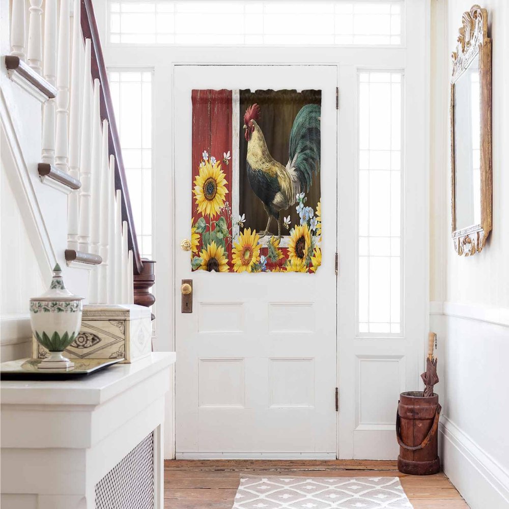 Rooster Sunflower French Sidelight Front Door Curtain for Door Window/Doorways 54"x40", Rustic Red Farm Barn Yellow Floral Kitchen Small Side Back Window Door Rod Pocket Drape Panel Curtain