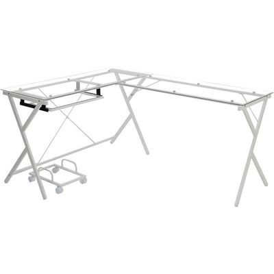 Acme Demas Glass Top L-Shaped Computer Desk with Holder in Clear and White