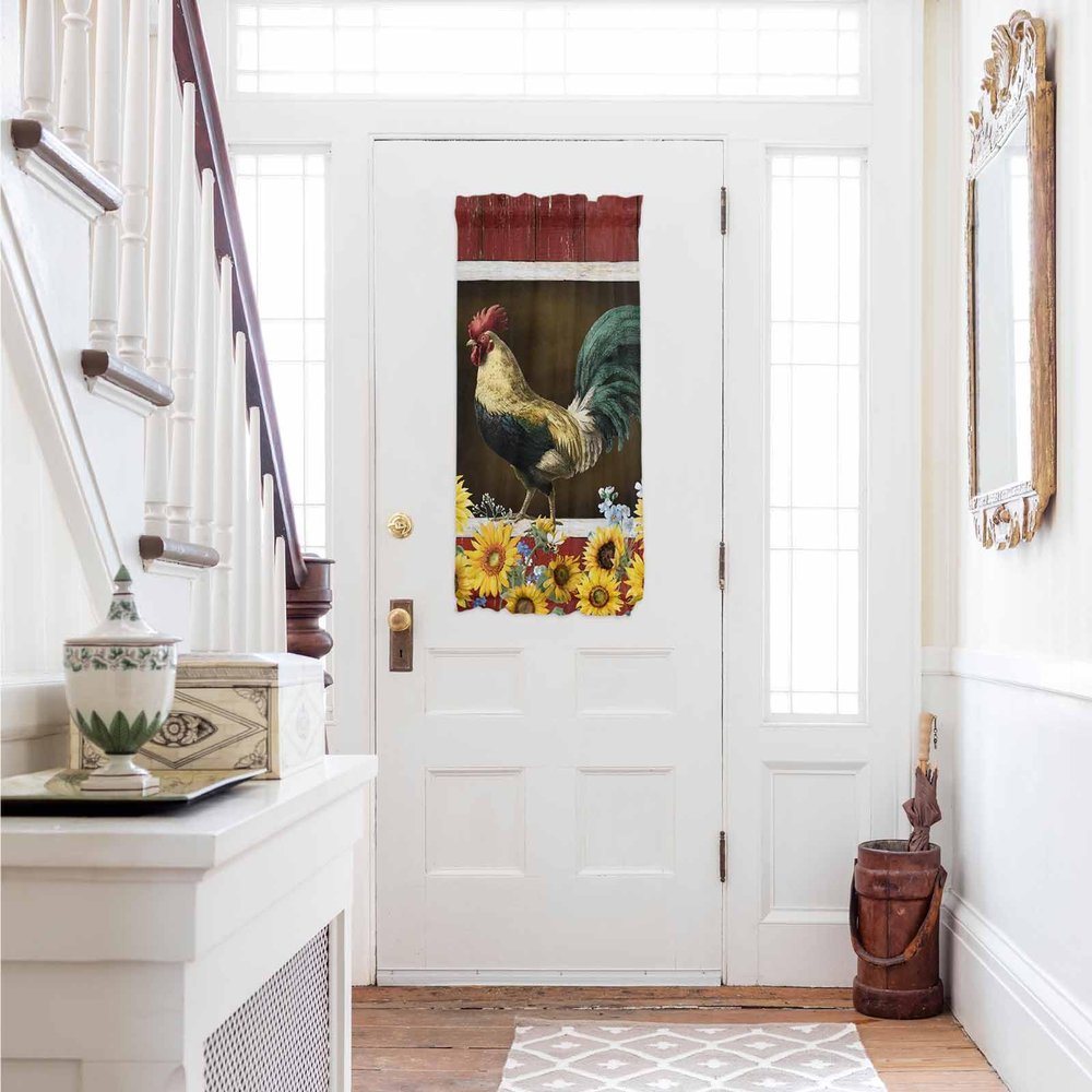 Rooster Sunflower French Sidelight Front Door Curtain for Door Window/Doorways 25"x40", Rustic Red Farm Barn Yellow Floral Kitchen Small Side Back Window Door Rod Pocket Drape Panel Curtain
