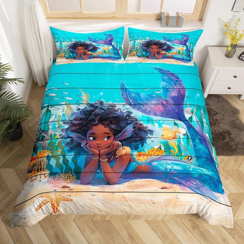 Cute Black Girl Mermaid Comforter Covet Full Size,African Blue Mermaid Princess Duvet Cover with 2 Pillowcases,3 Piece,Ocean Fish Coral Polyester Bedding Set for Boys Teens Bedroom Decor