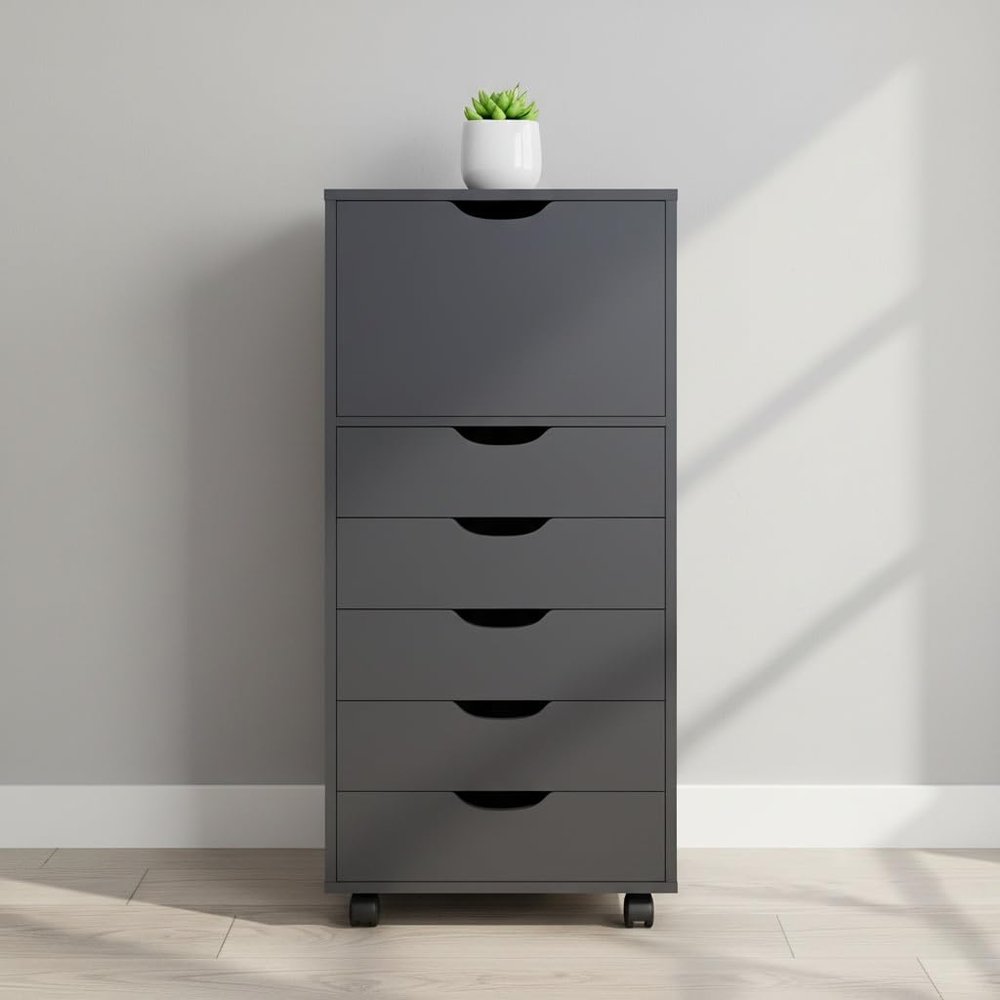 6-Drawer Rolling Cabinet, Black, Smart Storage, Practical Design with 360 Swivel & Lockable Casters, Recessed Handles, Cabinet + 5 Drawers, Durable Engineered Wood for Office, Bedroom, Small Spaces