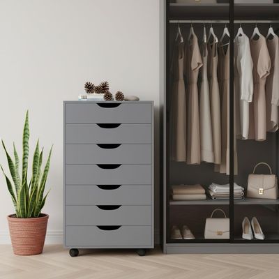 7-Drawer Rolling Chest, Grey,Smart Storage, Made Simple with Lockable Wheels & Smooth Glides, Recessed Handles, Compact Footprint for Bedroom, Office, Small Spaces, Durable Engineered Wood Design
