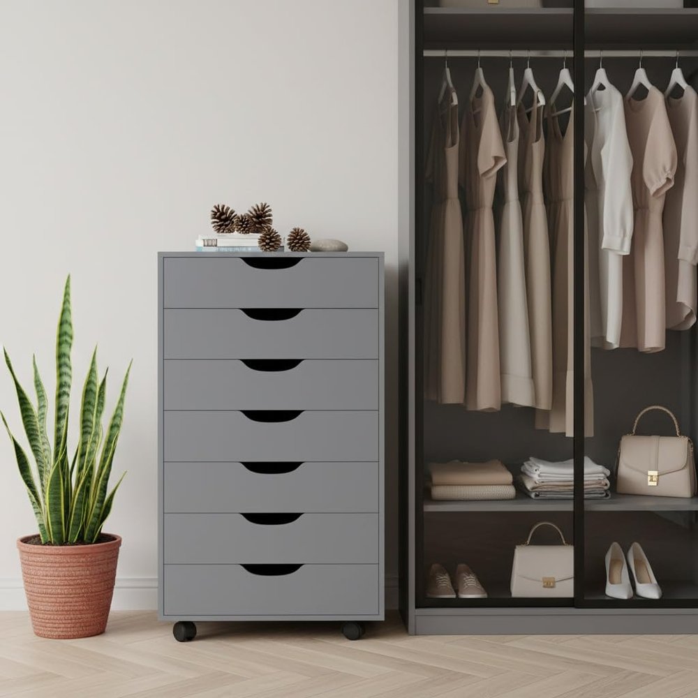 7-Drawer Rolling Chest, Grey,Smart Storage, Made Simple with Lockable Wheels & Smooth Glides, Recessed Handles, Compact Footprint for Bedroom, Office, Small Spaces, Durable Engineered Wood Design
