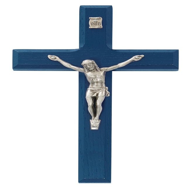 (79-39) 7" BLUE WOOD CRUCIFIX, BOXED