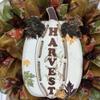 White Wood Pumpkin Harvest Deco Mesh Handmade Wreath with Rope and Metal Autumn Leaves. Available in 24 inch and 28 inch diameters view 2