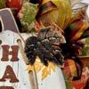 White Wood Pumpkin Harvest Deco Mesh Handmade Wreath with Rope and Metal Autumn Leaves. Available in 24 inch and 28 inch diameters view 3