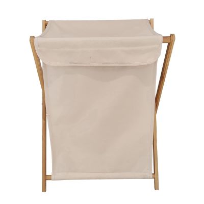 Bamboo Wood X-frame Laundry Hamper with Lid Collapsible Dirty Clothes Laundry Basket Foldable Storage for Household (Beige with Lid, Medium)
