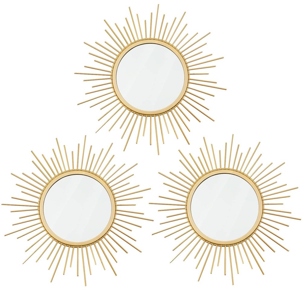 3 Pack Metal Mirrors for Wall Sunburst Wall Mirrors Home Dcor Decorative Hanging Wall Art for Living Room Bedroom Entryway (Gold, Sunburst)