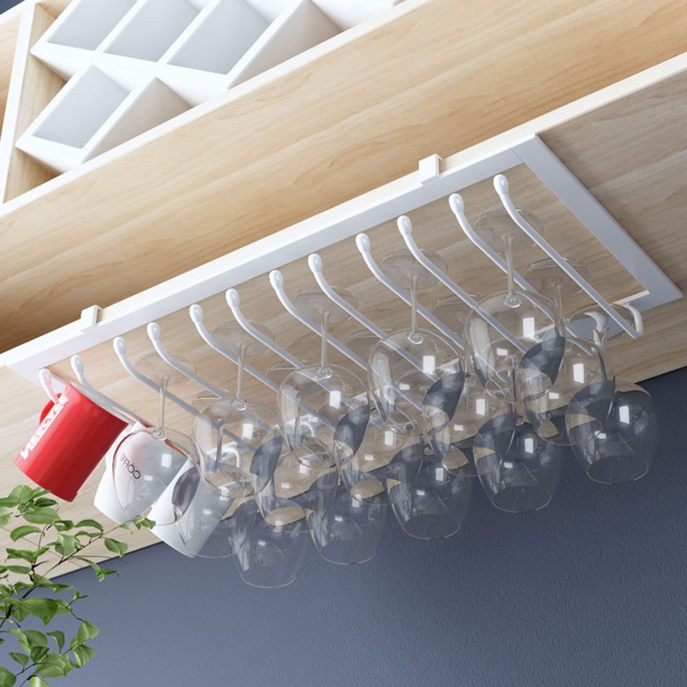 6 Rows 18 Cups Stemware Racks Wine Glass Rack Wine Glass Hanging Holder Under Cabinet Stemware Rack for Kitchen, Bar(60x23cm) (Color : White)
