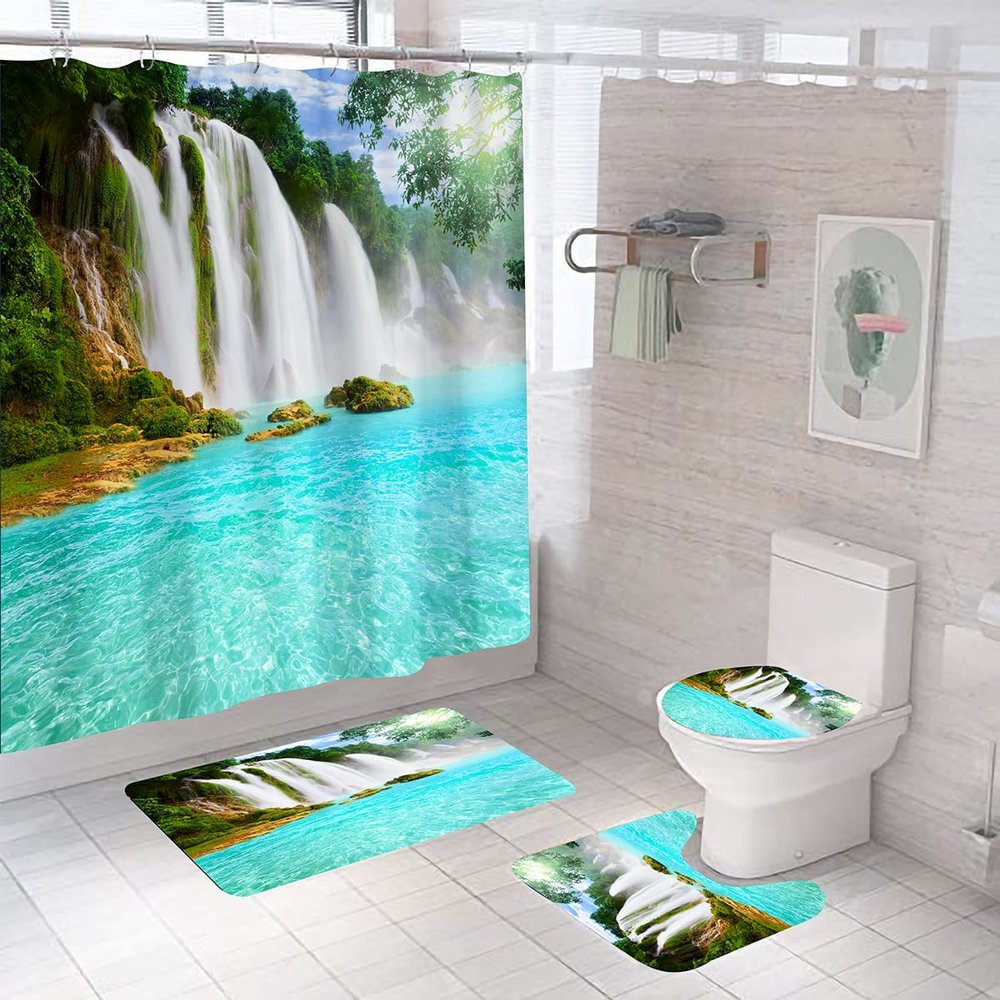 DDS-DUDES 4Pcs Waterfall Forest Waterproof Shower Curtain Sets, Waterproof Shower Curtain Sets for Bathroom with Non Slip Rugs, Toilet Cover and Bath Mat, 12 Plastic Hooks (Waterfall Lake)