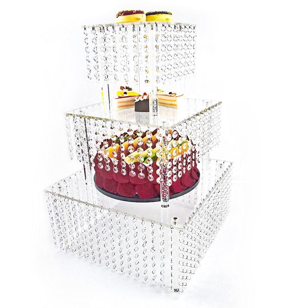 3 Tier Cake Stands Square Crystal Beaded Cupcake Stand Holder Acrylic Cupcake Tower Display Party Dcor 3 Tier Acrylic Display for Pastry for Weddings Birthday Christmas Party