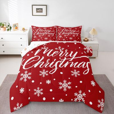 Erosebridal Snowflake Comforter Set, Merry Christmas Down Comforter Full Size for Kids Girls Women Room Decor, Xmas Bedding Set Cartoon White Dots Duvet Sets with 2 Pillowcases, Red White