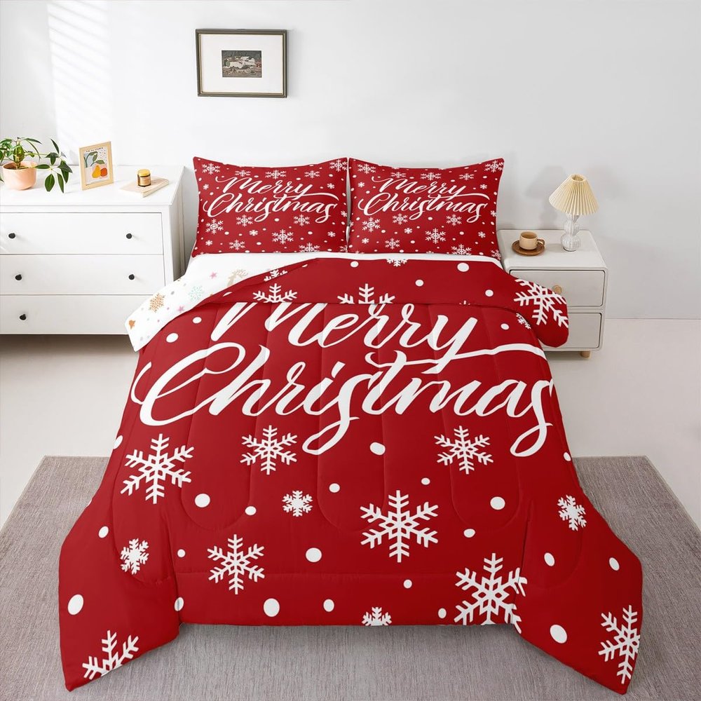 Erosebridal Snowflake Comforter Set, Merry Christmas Down Comforter Full Size for Kids Girls Women Room Decor, Xmas Bedding Set Cartoon White Dots Duvet Sets with 2 Pillowcases, Red White