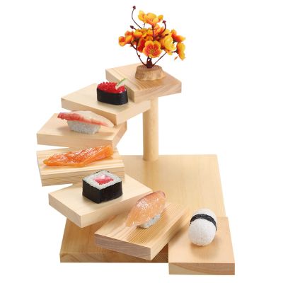 AIZYR 7 Steps Shape Sushi Bridge Boat Serving Tray, Wooden Sushi Sashimi Plates Platter Japanese Style Sushi Tableware Decoration Ornament