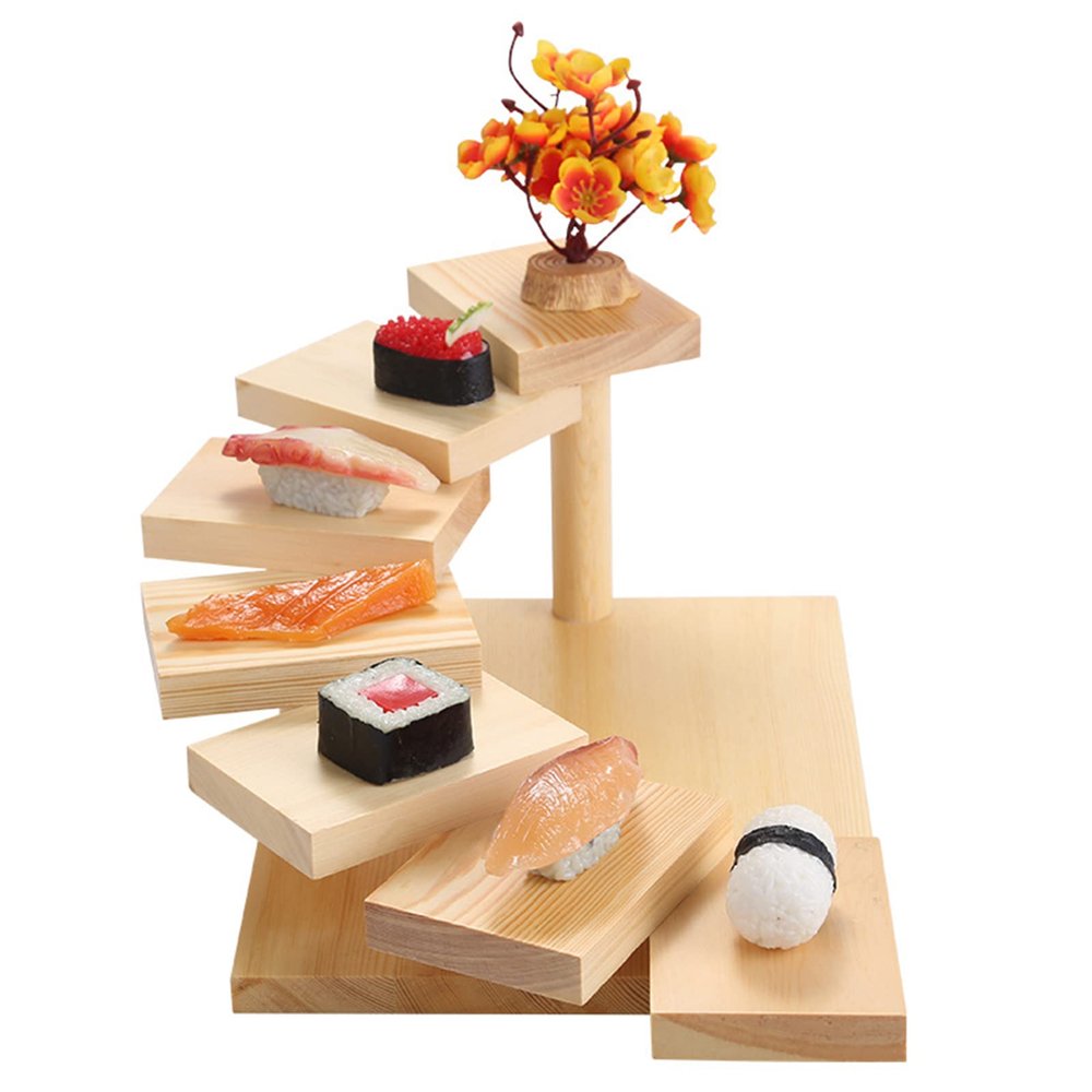 AIZYR 7 Steps Shape Sushi Bridge Boat Serving Tray, Wooden Sushi Sashimi Plates Platter Japanese Style Sushi Tableware Decoration Ornament