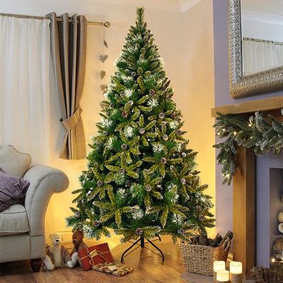 GBHJJ 7.4 ft Snow Flocked Artificial Christmas Tree with 65 Pine Cones, 1300 Tips, Metal Stand and Hinged Branches, with Metal Stand, Easy Assembly, for Indoor and Outdoor Use