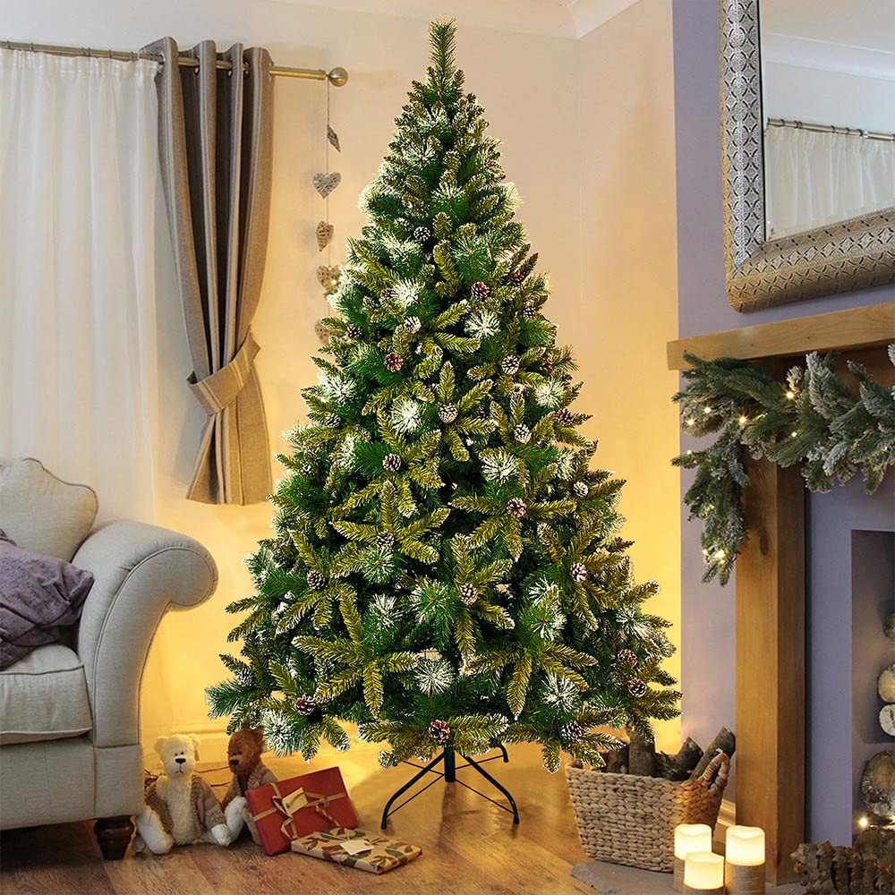 GBHJJ 7.4 ft Snow Flocked Artificial Christmas Tree with 65 Pine Cones, 1300 Tips, Metal Stand and Hinged Branches, with Metal Stand, Easy Assembly, for Indoor and Outdoor Use