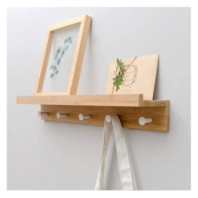 Coat Rack with Hooks,Floating Shelves Wall Mounted,Wall Storage Hanging Shelf Display Organizer,Bamboo Shelf for Bedroom, Laundry, Kitchen Wall Decor ( Color : Bamboo Color , Size : 5 Hooks )