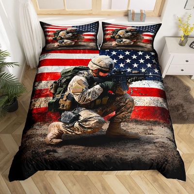 American Flag Comforter Cover for Adult Teens Boys Camo Soldier Bedding Set Kids Men Vintage USA National Flag Duvet Cover Military Camouflage Beddings for Youth Grunge Stripes Bedding, Queen Size