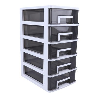 Five- layer Storage Cabinet Plastic Drawer Type Closet Portable Multifunction Storage Rack Organizer (White Frame and Transparent Black)