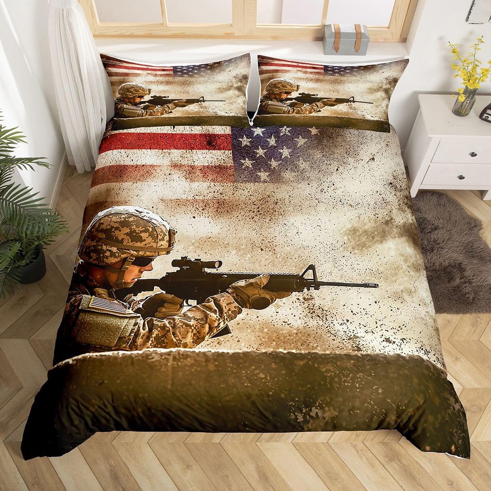 American Flag Comforter Cover Military Camouflage Soldier Bedding Set for Adult Boys Vintage Camo Usa Flag Duvet Cover Grunge Soil Red Grey Stars Stripes Bedding Collections, with 2 Pillowcases, Full