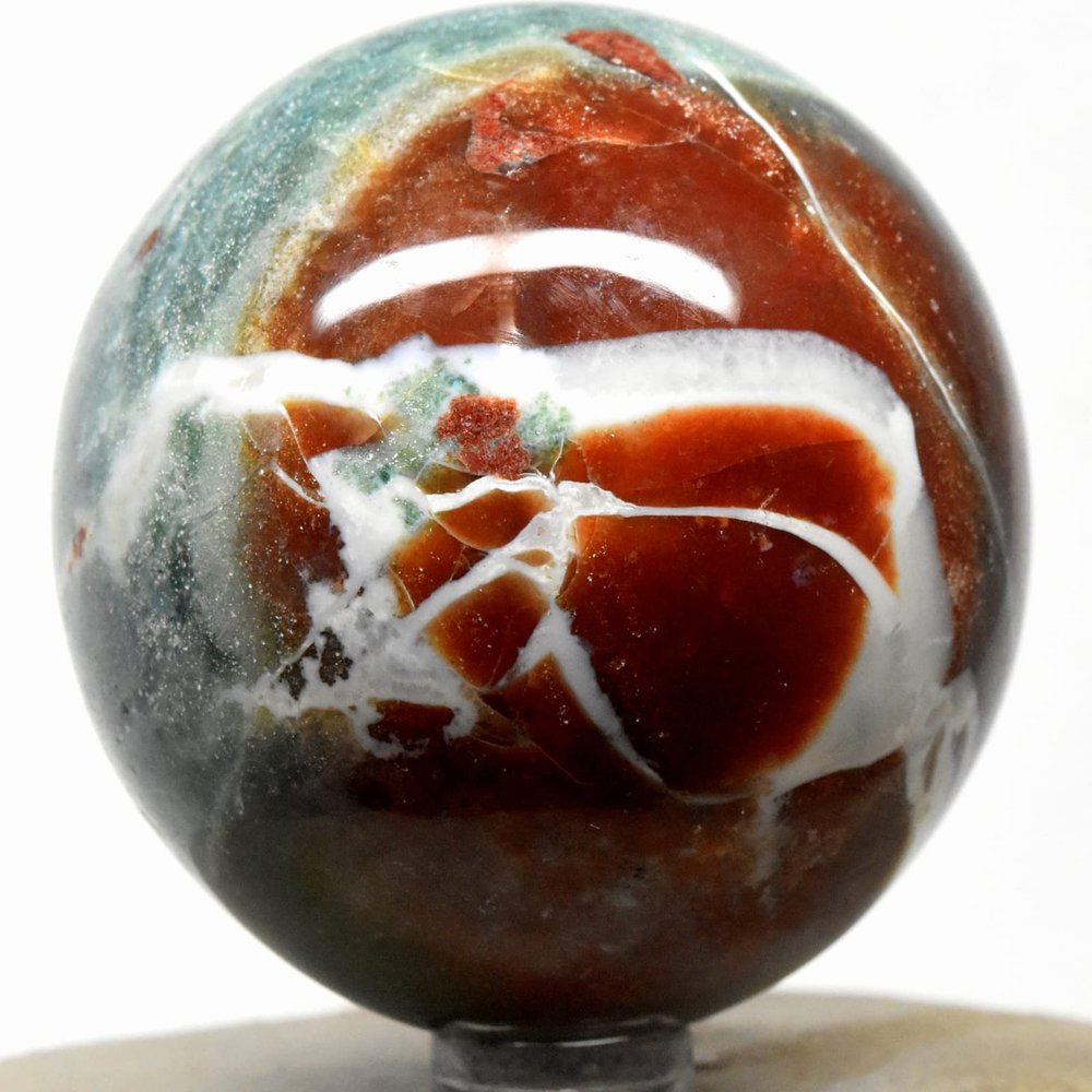 2.3" 275g Green Red White Chalcedony Agate Sphere Polished Natural Gemstone Crystal Mineral Ball - India + Stand