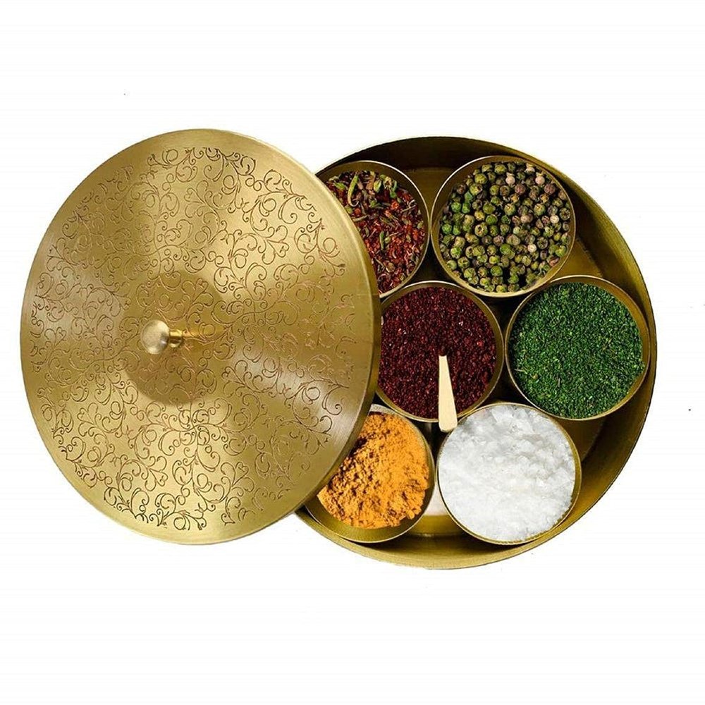 CRAFTING WITH LOVE A Brass Masala Box Dabba| Golden Spice Container with Embossed Lid 7 Compartments and 1 Spoon