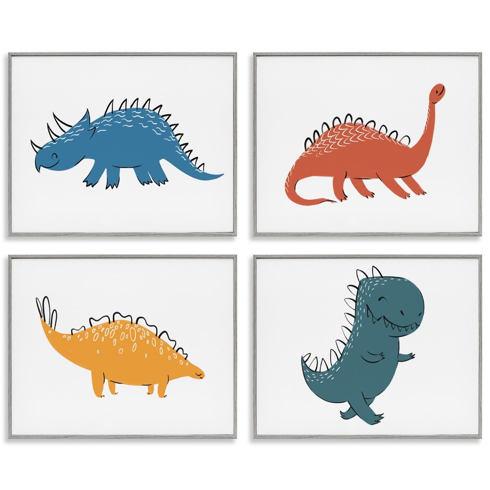 'Kids' Happy Dinosaur Prehistoric T-Rex'| 4pc Framed Giclee Set